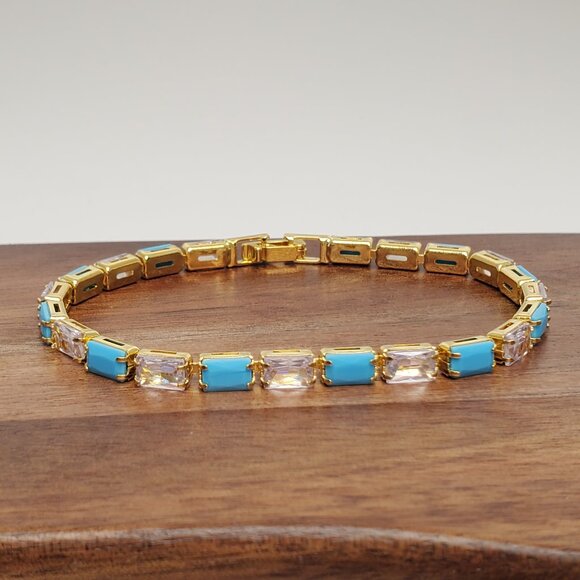 14K Gold Womens 1ct Diamond Natural Turquoise Gemstone Tennis Bracelet Jewelry - Picture 5 of 7